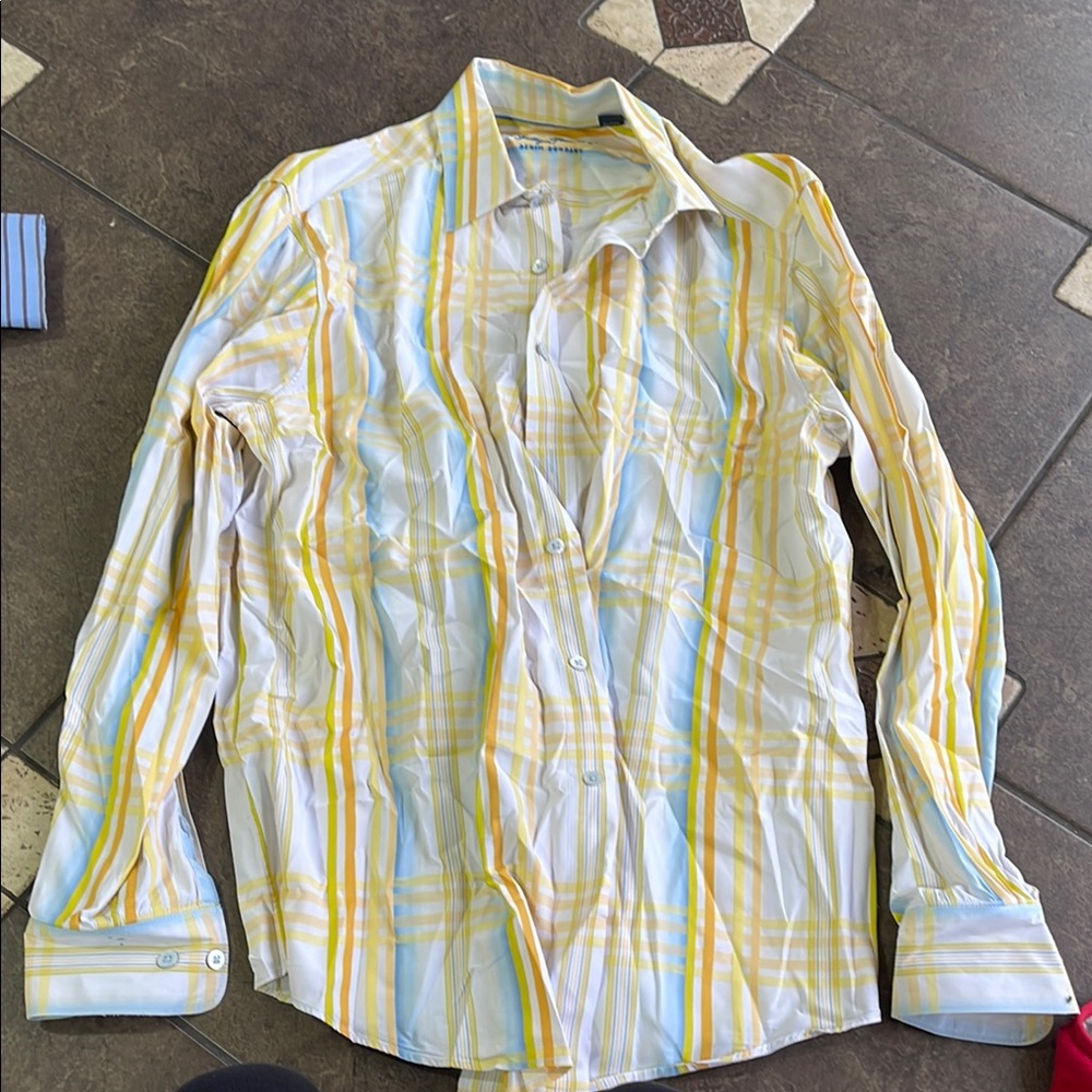 3/$15 
Yellow and White Casual Button Down Shirt with Stripes